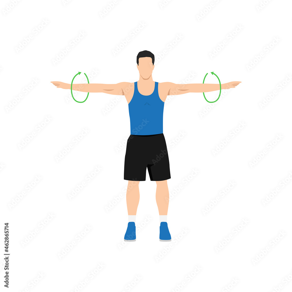 Man doing Standing arm circles exercise. Flat vector illustration