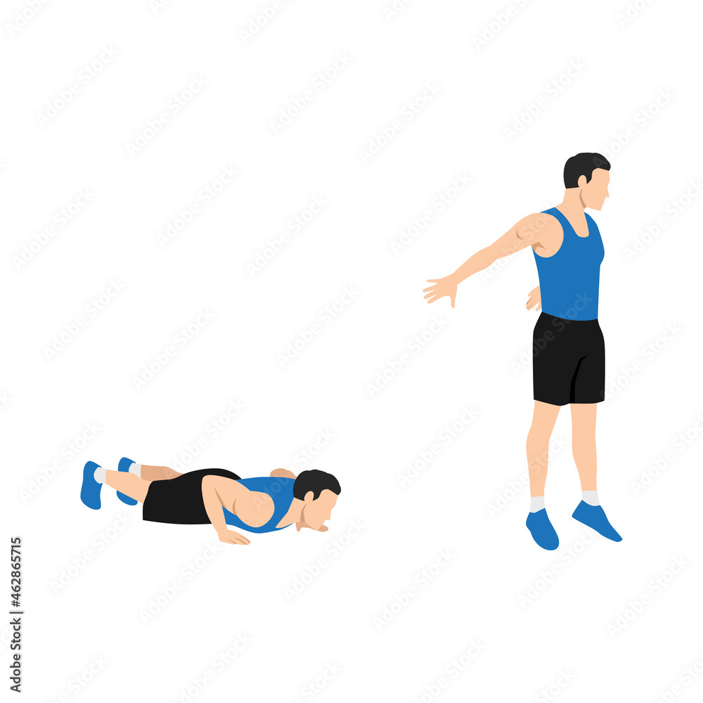 Man doing Chest to floor burpee exercise. Flat vector illustration isolated on white background
