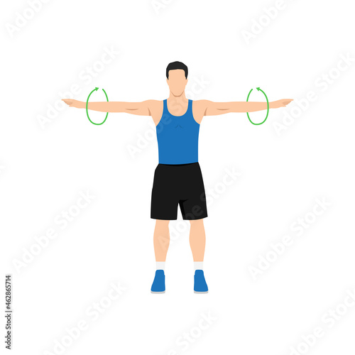 Man doing Standing arm circles exercise. Flat vector illustration isolated on white background