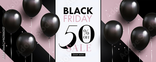 Black Friday Sale banner in black and pink beige colors with 3d realistic helium balloons and modern typography. 50% off sale. Fashion Template for print, advertising, social and fashion ads.