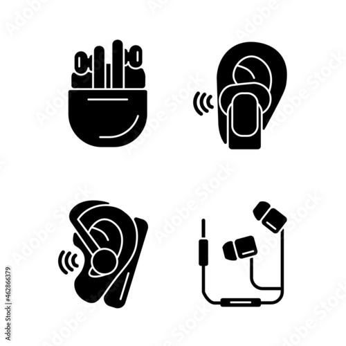Compact in ear earphones black glyph icons set on white space. Small earpieces for listening music and for calls. Wireless and wired devices. Silhouette symbols. Vector isolated illustration