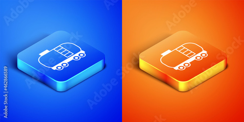 Isometric Oil railway cistern icon isolated on blue and orange background. Train oil tank on railway car. Rail freight. Oil industry. Square button. Vector