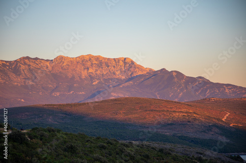 Pink mountains at sunset lights in Montenegro