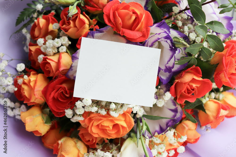 Fototapeta greeting card design. bouquet of roses on a white background.