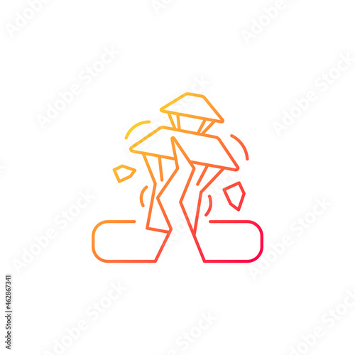 Earthquake in Nepal gradient linear vector icon. Seismically active region. Damaged towns. Destroyed structures. Thin line color symbol. Modern style pictogram. Vector isolated outline drawing