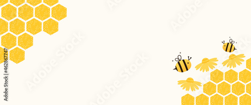 Beehive honeycomb with hexagon grid cells and bee cartoon on yellow background vector.