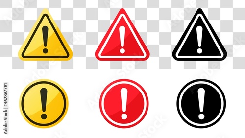 Warning symbols with exclamation mark on transparent background. Set of hazard warning attention sign. Danger sign collection. Attention vector icon.