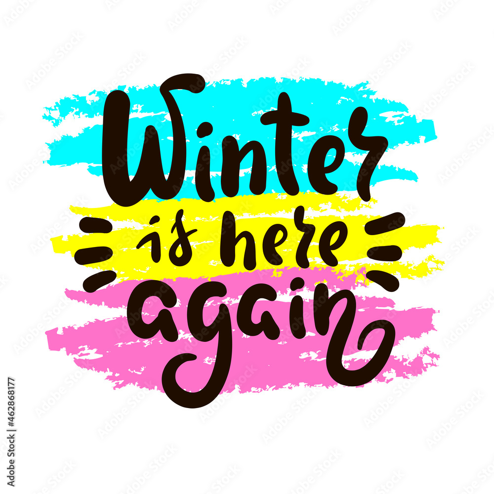 Obraz premium Winter is here again - inspire motivational quote. Hand drawn beautiful lettering. Print for inspirational poster, t-shirt, bag, cups, card, flyer, sticker, badge. Cute original funny vector sign