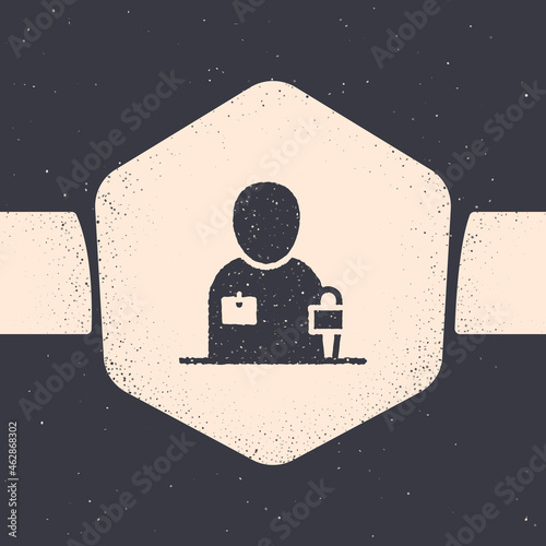Grunge Journalist news reporter with microphone icon isolated on grey background. Monochrome vintage drawing. Vector