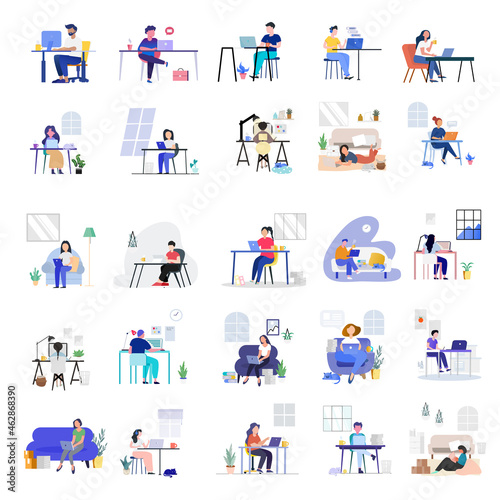 Set of Working at home,Young people,Woman freeLancers working on laptop and computer at home.Employees working from home.Vector in Flat Style concept of the freelancing comfortable work in home.