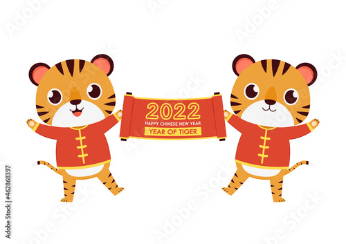 Fototapeta Naklejka Na Ścianę i Meble -  Happy Chinese new year 2022 poster. Happy Chinese new year greeting card 2022 with cute tiger. Tiger character design.