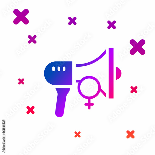 Color Female movement, feminist activist with banner and placards icon isolated on white background. Feminist rights movement, feminism sisterhood. Gradient random dynamic shapes. Vector
