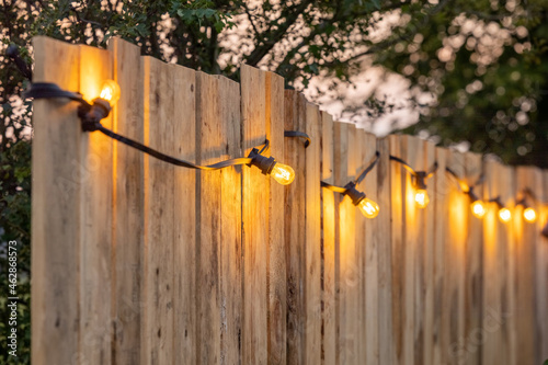 Cosy light bulbs lined up in a row, against a wooden garden fence. There are some green bushes and green grass in the background. It's a sunny Summer day evening at a country wedding or other photo