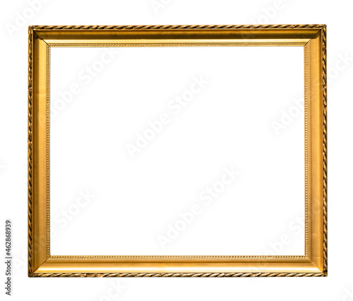 narrow golden wooden picture frame cutout on white background