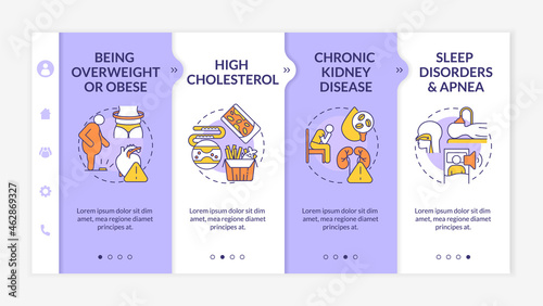 Hypertension development factors onboarding vector template. Responsive mobile website with icons. Web page walkthrough 4 step screens. Chronic kidney disease color concept with linear illustrations