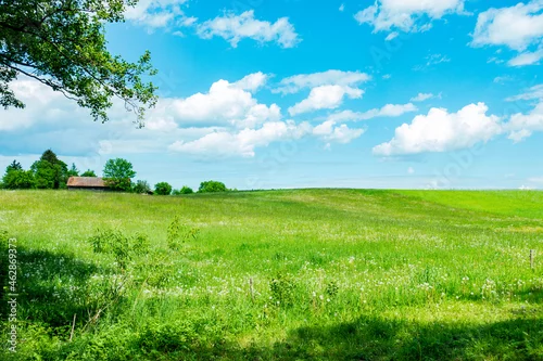 Obraz warmia mazury warmińsko-mazurskie pole pola łąka stodoła wieś wioska sielsko farma obszar wiejski pastwisko zielono zieleń rolnictwo