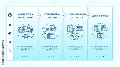 Check for hypertension onboarding vector template. Responsive mobile website with icons. Web page walkthrough 4 step screens. Lab tests. Ambulatory monitoring color concept with linear illustrations