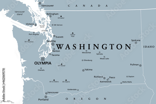 Washington, WA, gray political map, with capital Olympia. State in the Pacific Northwest region of the Western United States of America. State of Washington, with nickname The Evergreen State. Vector. photo