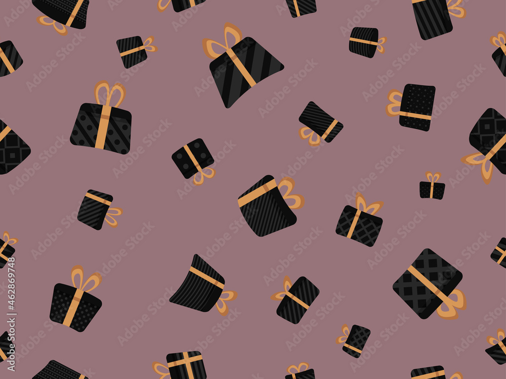 Seamless pattern with gift boxes in flat style. Set of scattered gifts. Festive design for greeting card, wrapping paper, banners and promotional materials. Vector illustration Seamless pattern with gift boxes in flat style. Set of scattered gifts. Festive design for greeting card, wrapping paper, banners and promotional materials. Vector illustration