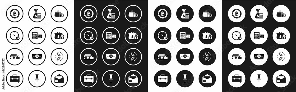 Set Wallet with coins, Calculator dollar symbol, Clock 24 hours, Cryptocurrency Bitcoin, Closed wallet, money bag, Money exchange and icon. Vector Set Wallet with coins, Calculator dollar symbol, Clock 24 hours, Cryptocurrency Bitcoin, Closed wallet, money bag, Money exchange and icon. Vector