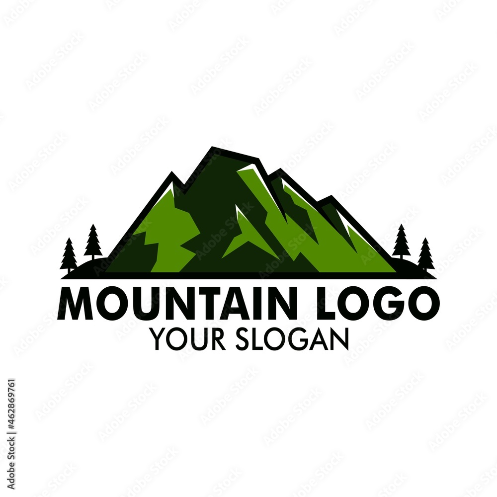 mountain and fir tree logo design in green color. logo design for brand.