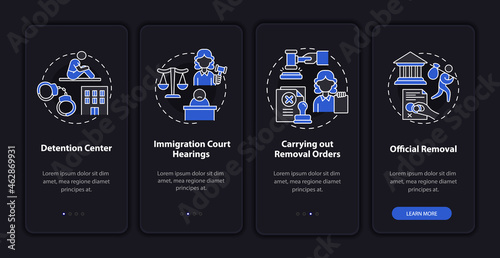 Deportation process steps onboarding mobile app page screen. Official removal walkthrough 4 steps graphic instructions with concepts. UI, UX, GUI vector template with night mode illustrations