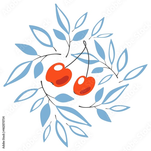 Red cherry and leaves on ilsolated background. Vector illustration.