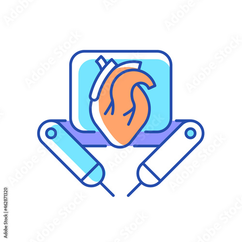 Surgical robot RGB color icon. Remote manipulation by surgeon. Robotic-assisted surgical procedure. Computer-controlled device. Making surgery. Isolated vector illustration. Simple filled line drawing