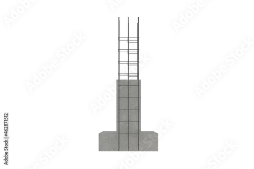 Constructive assembly. Strengthening the foundation and walls of an existing building. Foundation sole with reinforced concrete strut. Spatial reinforcement cage. 3d render illustration 