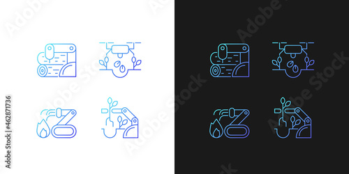 Automation for wellbeing gradient icons set for dark and light mode. Wood processing. Thin line contour symbols bundle. Isolated vector outline illustrations collection on black and white