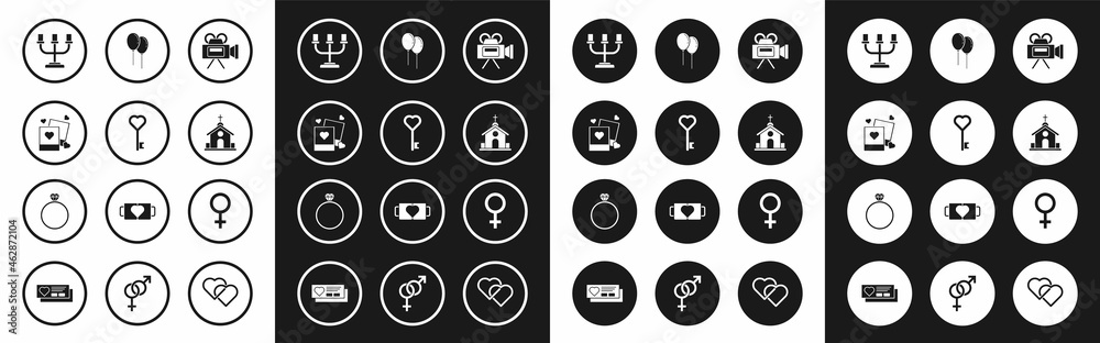 Set Cinema camera, Key heart shape, Two blanks photo frames and hearts, Candlestick, Church building, Balloons with ribbon, Female gender symbol and Diamond engagement ring icon. Vector