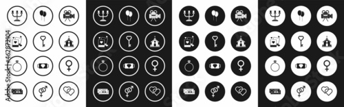 Set Cinema camera, Key heart shape, Two blanks photo frames and hearts, Candlestick, Church building, Balloons with ribbon, Female gender symbol and Diamond engagement ring icon. Vector