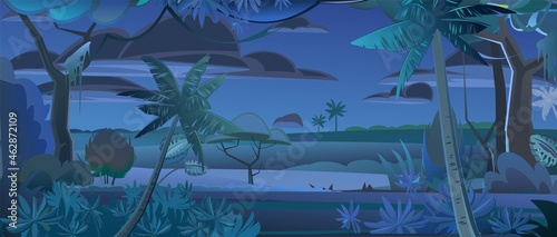 Jungle trees. night landscape. Dense thickets. View from Dark Tropical forest panorama. Southern Rural Scenery. Illustration in cartoon style flat design. Vector