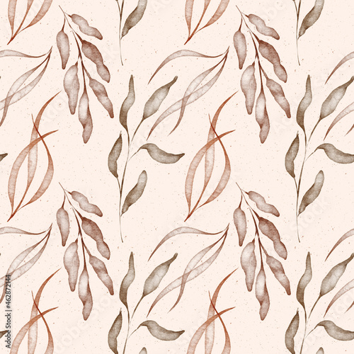 Botanical floral seamless pattern. Light brown and rust color hand-drawn leaves and simple dry flowers on a muted beige textured background