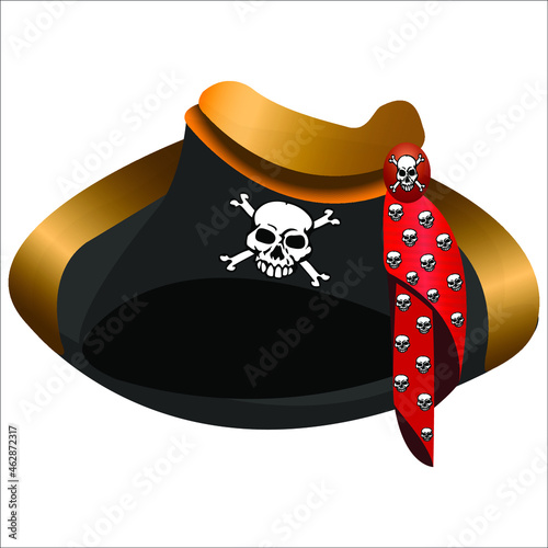 black pirate Tricorn hat with skull on white background vector