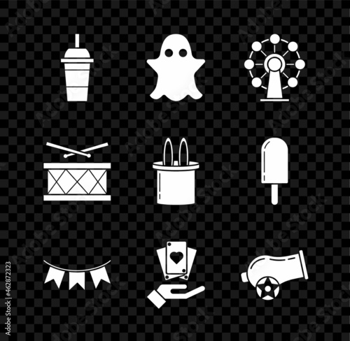 Set Paper glass with drinking straw and water, Ghost, Ferris wheel, Carnival garland flags, Hand holding playing cards, Cannon, Drum drum sticks and Magician hat rabbit ears icon. Vector