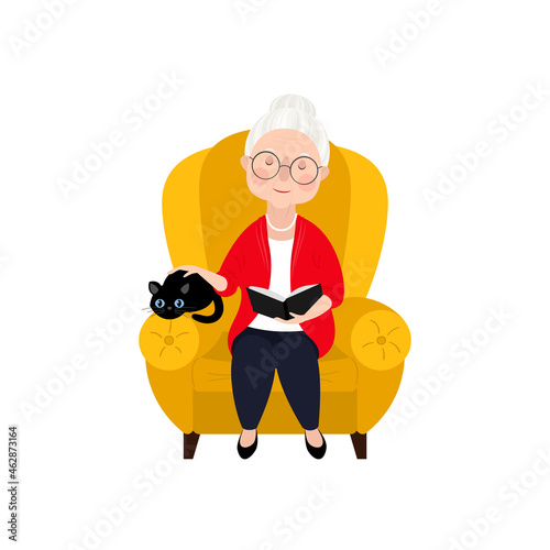 Cute gray-haired old woman is sitting in a cozy armchair, reading a book and stroking her pet - a black cat. Vector stock hand-drawn illustration isolated on white background.