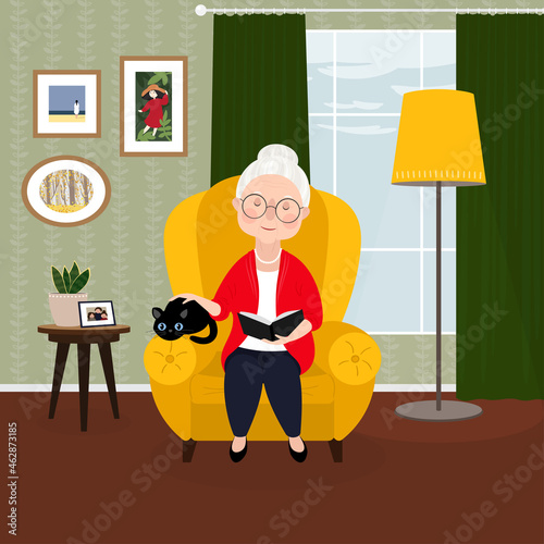 A pretty old lady with a wrinkled face and gray hair is sitting in a chair in a cozy room and reading a book and stroking her pet - a black cat. Vector stock hand-drawn illustration.