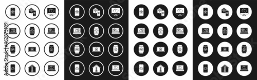 Set Computer monitor with house under protection, Smart watch smart and light bulb, Laptop alarm, Mobile phone home wi-fi, and icon. Vector