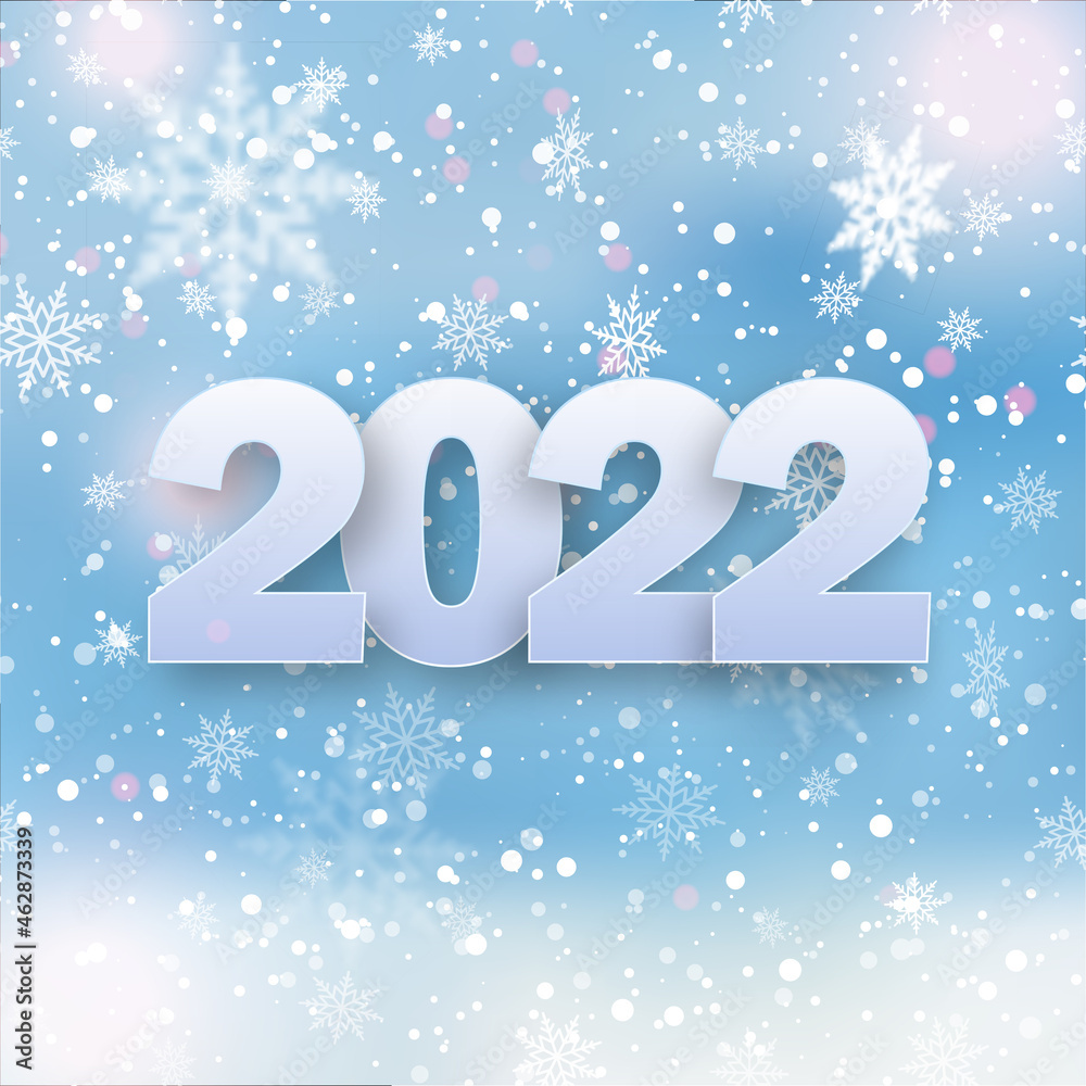 2022 Happy New Year card with falling snowflakes on blue sky. Vector 2022 Happy New Year card with falling snowflakes on blue sky. Vector