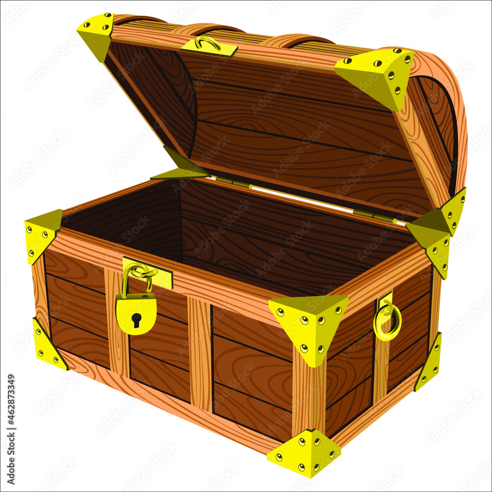 Old wooden chest box with treasure isolated on white background. Stock  Illustration