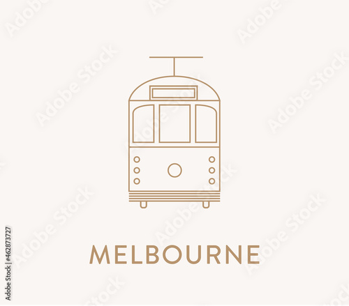 Melbourne iconic w-class vintage tram icon, line art style.