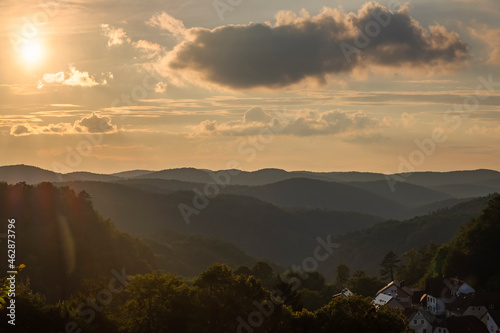 Magnificent sunset over the hills in Upper Franconia / Germany in late summer 