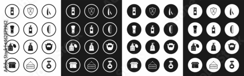 Set Straight razor, Shaving gel foam, brush, Hairbrush, Scissors hairdresser and shield, Mustache beard and Aftershave icon. Vector