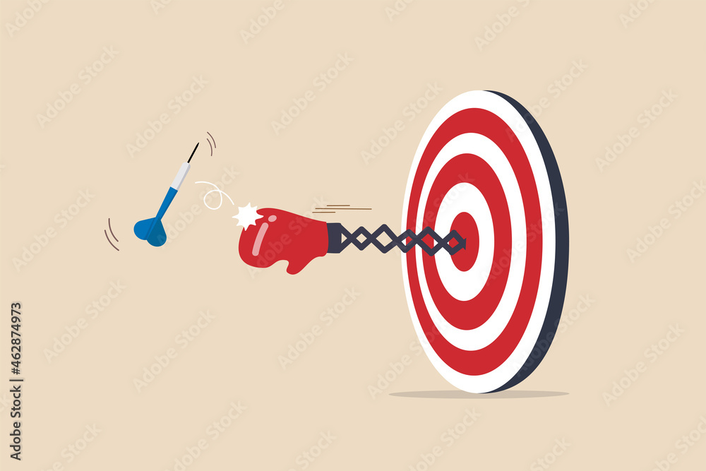 Tough time or career struggle, trouble, difficulty or obstacle to achieve business target, hard situation to losing competition, boxing glove come out of dartboard bullseye to punch dart from target. - obrazy, fototapety, plakaty 