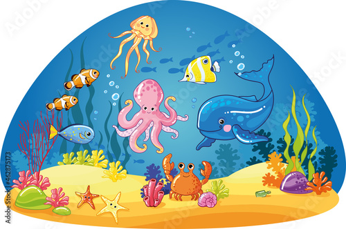 Underwater world  coral reefs. Seabed  Marine animals octopus  crab  starfish  tropical fish  jellyfish. drawn Cute characters for kids. cartoon vector illustrations