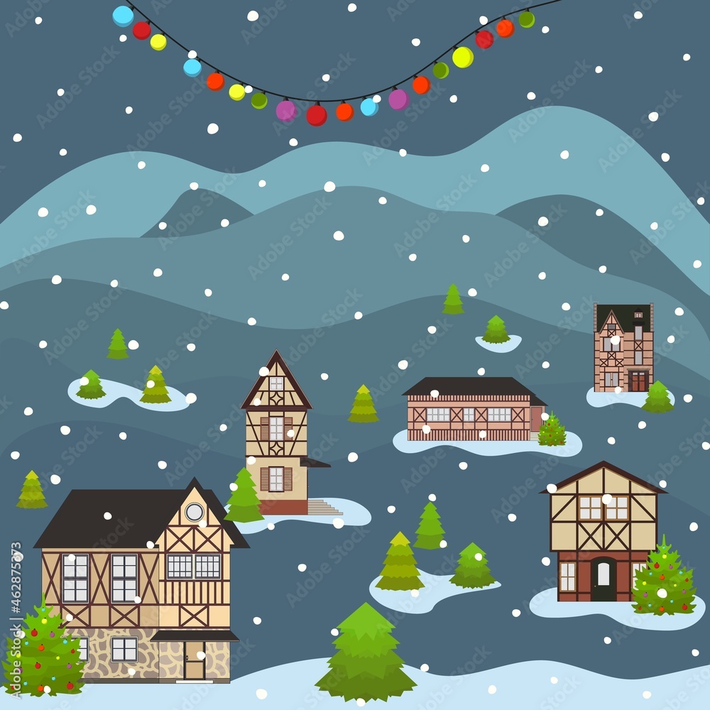 Christmas and Happy New Year city scape celebrating winter holidays. Cartoon old building town street in flat style. Vector illustration