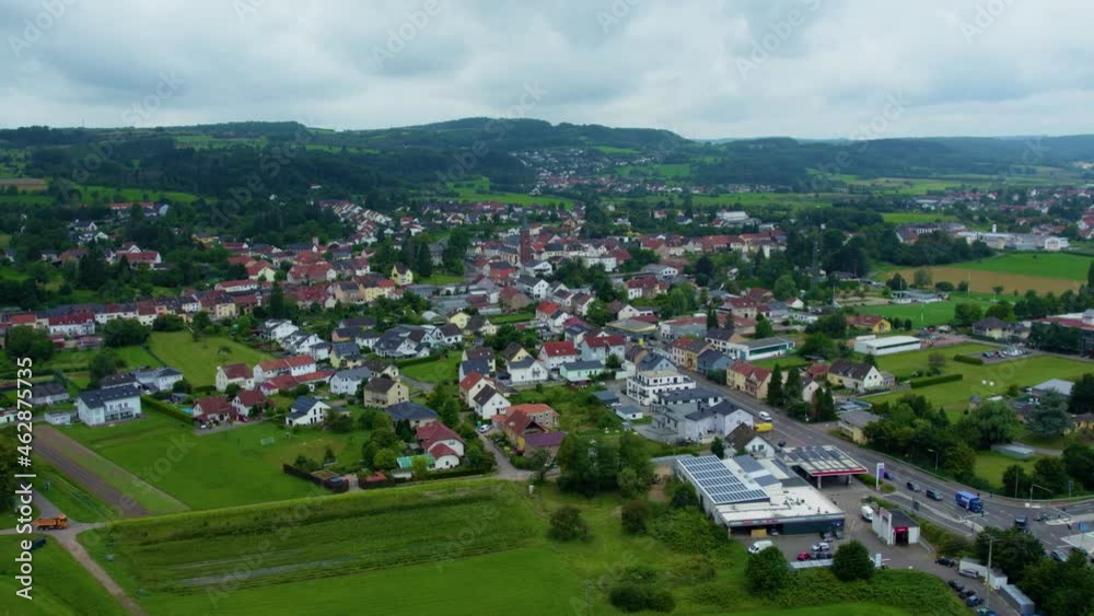 Aerial view of the village Hilbringen on a cloudy day in summer Aerial view of the village Hilbringen on a cloudy day in summer