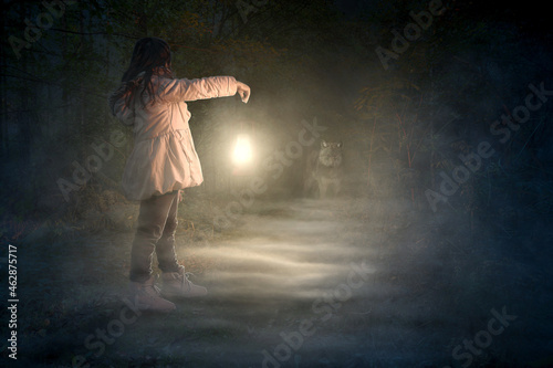 Ein Kind mit einer Fackel in der Hand begegnet einem Wolf im dunklen Wald.