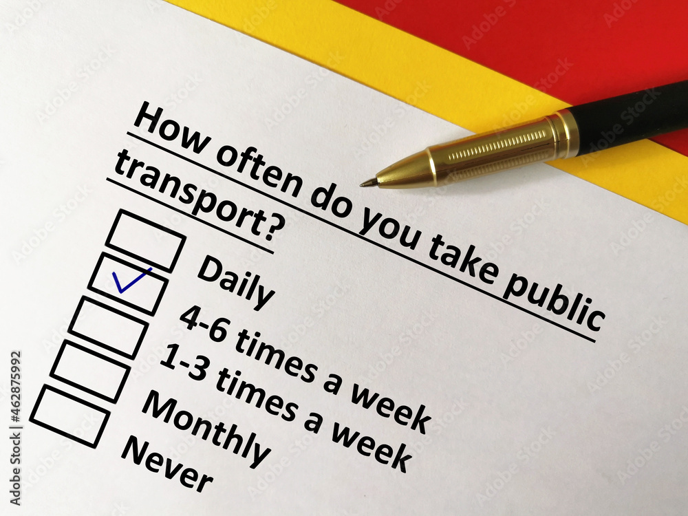 One person is answering question about transportation. The person takes public transport four to six times a week. One person is answering question about transportation. The person takes public transport four to six times a week.